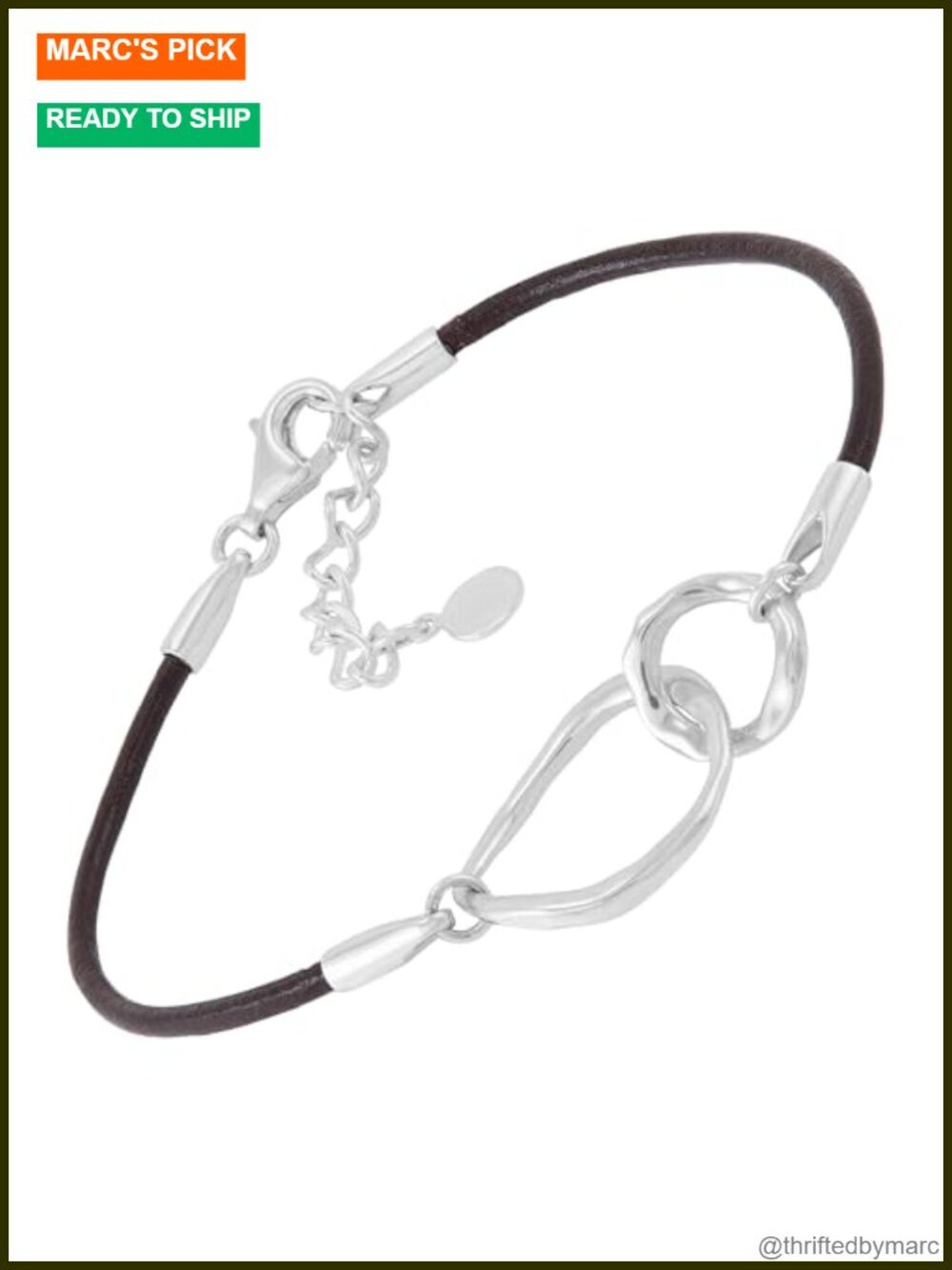 Sterling Silver Leather Bracelet Adjustable Lobster Clasp 7+1 Inch
